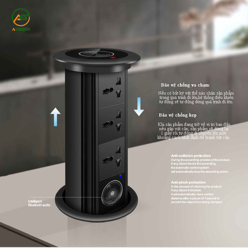 Ổ Cắm Điện Âm Bàn Đảo Agreen AG-L09 – Công Suất 4000W, Tích Hợp Sạc Nhanh PD & USB 5V 3.1A, Loa bluetooth