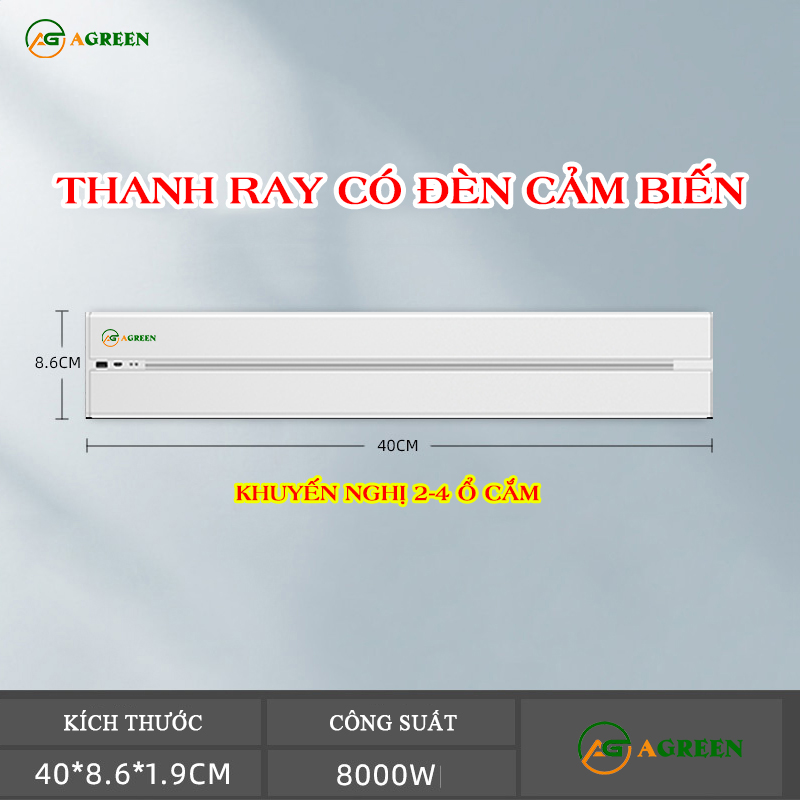 Thanh Ray Ổ Cắm Điện AGREEN AT3 40cm Trắng – Cảm Biến, USB Type-C