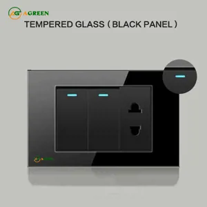 Bộ 2 công tắc 1 ổ cắm âm tường mặt kính cường lực đen AGREEN 118K-06