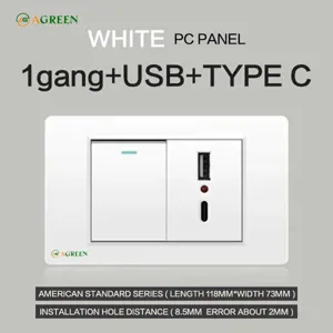 Công tắc âm tường 1 nút + sạc USB và Type-C AGREEN 118T-11 mặt nhựa trắng