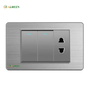 Công tắc âm tường 2 nút + 1 ổ cắm mặt inox xám AGREEN 118i-07