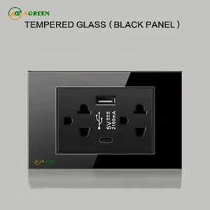 Ổ cắm đôi 3 chấu kèm USB và Type-C âm tường mặt kính cường lực đen AGREEN 118K-09