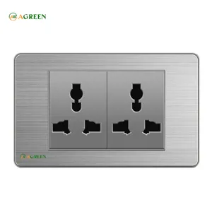 Ổ cắm điện đôi đa năng âm tường mặt inox xám AGREEN 118i-13