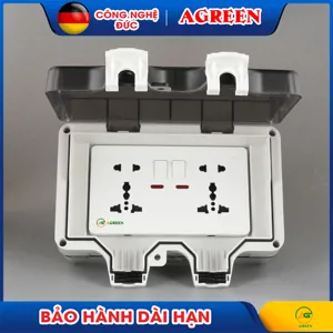 Ổ cắm ngoài trời đôi 3 chấu có công tắc, đèn báo chống nước IP66 AGREEN AG-IP66-CN01