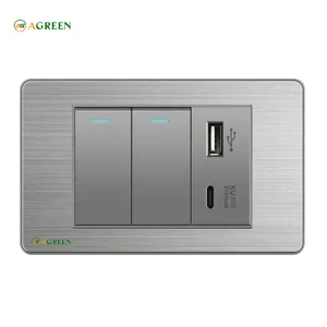 Công tắc âm tường 2 nút + ổ cắm sạc USB và Type-C mặt inox xám AGREEN 118i-10