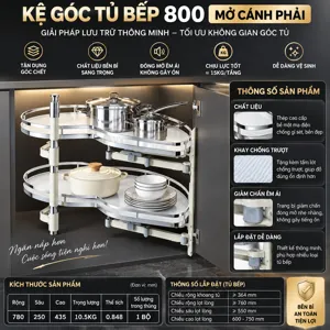 Kệ góc tủ bếp 800 mâm xoay liên hoàn 2 tầng, mở cánh phải