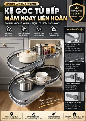 Kệ góc tủ bếp 800 mâm xoay liên hoàn 2 tầng, mở cánh phải