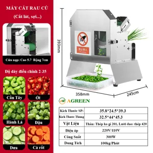 Máy cắt rau củ đa năng AGREEN 300 W cắt lát, cắt khúc chỉnh 1,5–35 mm