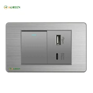 Công tắc âm tường 1 nút + ổ cắm sạc USB và Type-C mặt inox xám AGREEN 118i-09