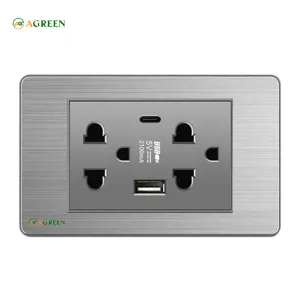 Ổ cắm điện 3 chấu kèm cổng sạc USB 5 V – 3100 mA mặt inox xám AGREEN 118i-14