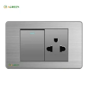 Công tắc âm tường 1 nút + 1 ổ cắm 3 chấu mặt inox xám AGREEN 118i-08