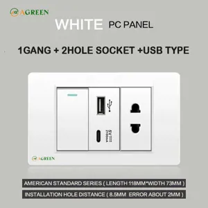 Công tắc âm tường 1 nút + 1 ổ cắm + sạc USB, Type-C AGREEN 118T-16 mặt nhựa trắng