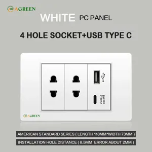 Công tắc âm tường AGREEN 118T-17 2 ổ cắm + sạc USB, Type-C mặt nhựa trắng