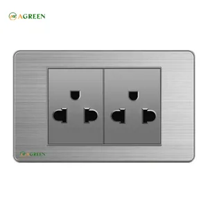 Ổ cắm điện đôi 3 chấu âm tường mặt inox xám AGREEN 118i-11