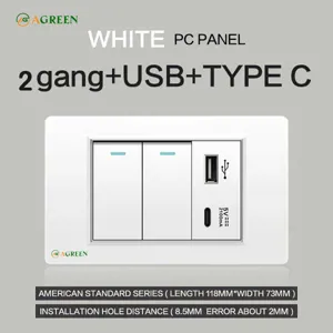 Công tắc âm tường 2 nút + sạc USB và Type-C AGREEN 118T-09 mặt nhựa trắng