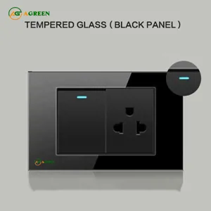 Bộ 1 công tắc 1 ổ cắm THAI âm tường mặt kính cường lực đen AGREEN 118K-07