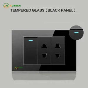 Bộ 1 công tắc 2 ổ cắm âm tường mặt kính cường lực đen AGREEN 118K-05