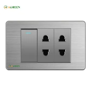 Công tắc âm tường 1 nút + 2 ổ cắm mặt inox xám AGREEN 118i-06