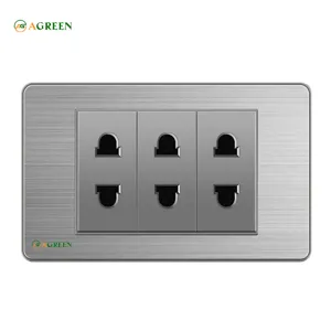 Ổ cắm điện âm tường 3 hạt 6 lỗ đa năng mặt inox xám AGREEN 118i-05